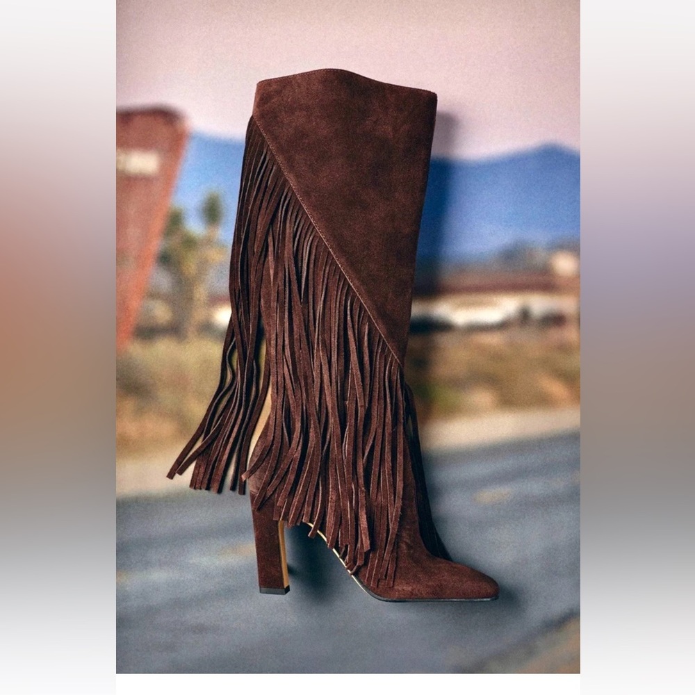 Anthropologie Dolce Vita Giano Suede Fringe Tall Boots Mahogany Brown - Picture 3 of 8